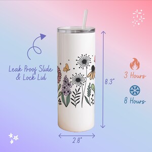 A tall, white insulated tumbler with a floral design and a leakproof slide and lock lid. The tumbler has a capacity of 8.3 ounces and is designed to be leakproof and lockable for 3 hours.