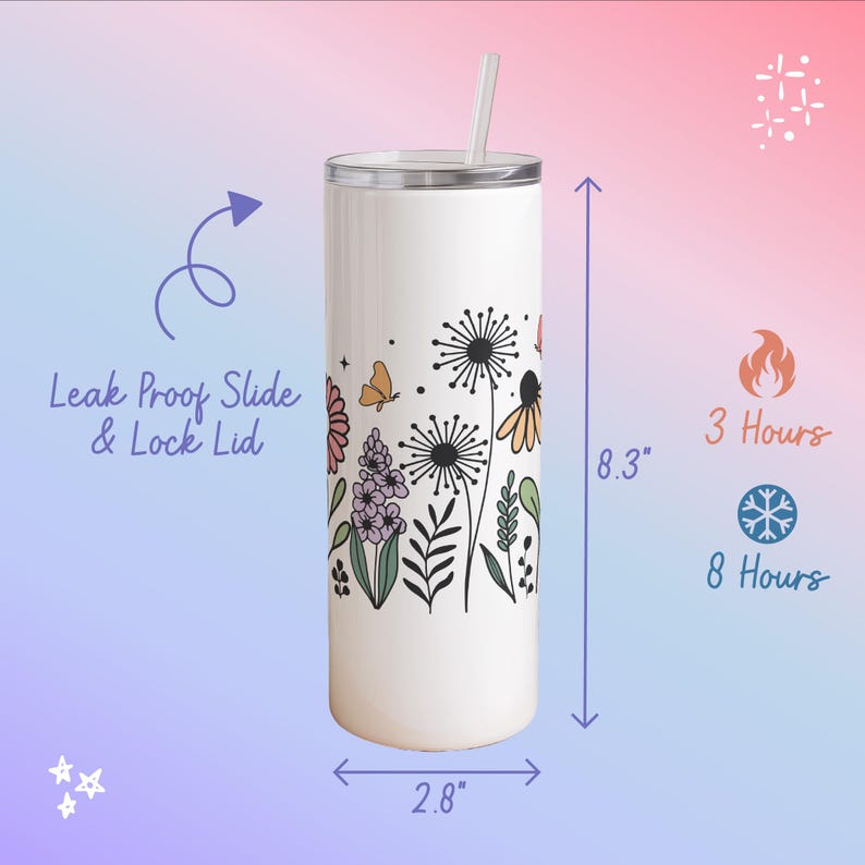 A tall, white insulated tumbler with a floral design and a leakproof slide and lock lid. The tumbler has a capacity of 8.3 ounces and is designed to be leakproof and lockable for 3 hours.