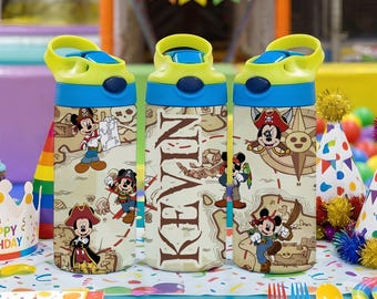 Botella de agua infantil personalizada de Mickey Pirata, vaso de colores para niños de Disney Cruise, vaso con pajita para vacaciones en Disneyland, taza de acero inoxidable