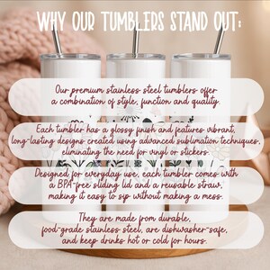 three stainless steel tumblers with straws, each with a description of their features and benefits.