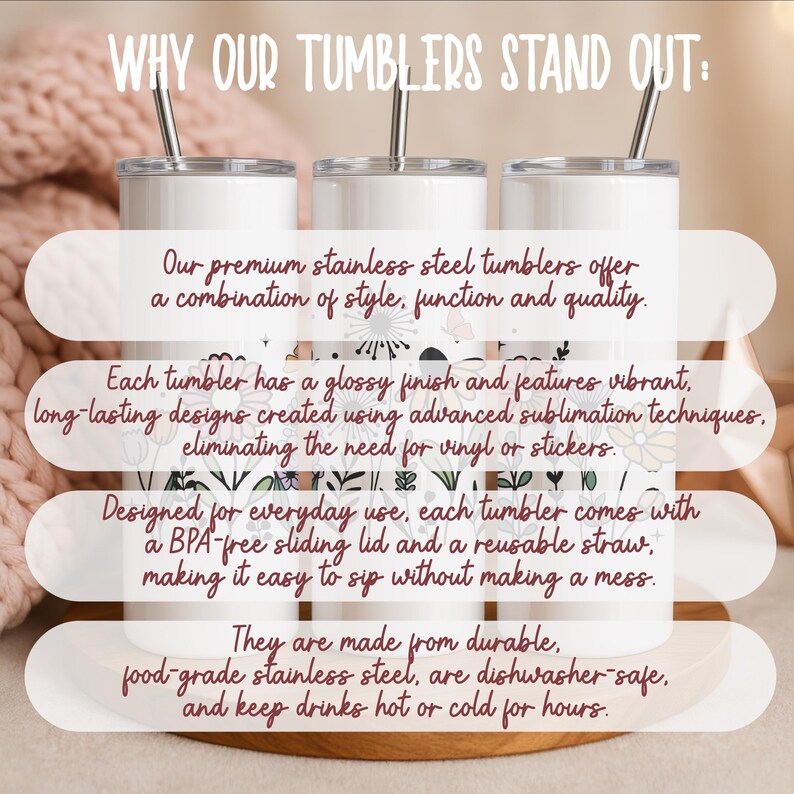 three stainless steel tumblers with straws, each with a description of their features and benefits.