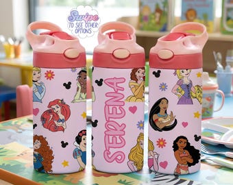 Custom Princess Kids Tumbler, Disney Child Steel Water Bottle, Disney Girls Trip Straw Cup, Cute Girly School Stainless Cup