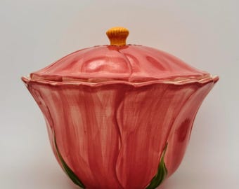 Tarro de galletas esculpido con la rosa del desierto franciscana, hecho en Portugal - Vintage