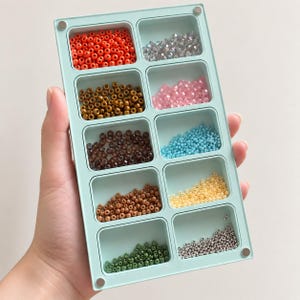 May include: A light mint green rectangular storage tray with ten individual compartments, each filled with a different color and style of small craft beads, including orange, silver, brown, pink, dark brown, light blue, tan, yellow, green, and metallic beads.