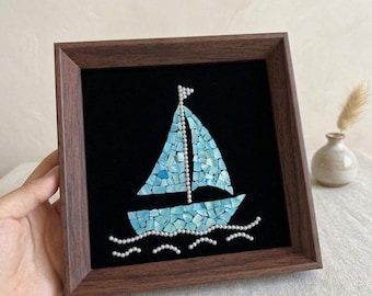 Parelmoer zeilbootkunstkit, mozaïekkunst voor beginners, woondecoratie kust