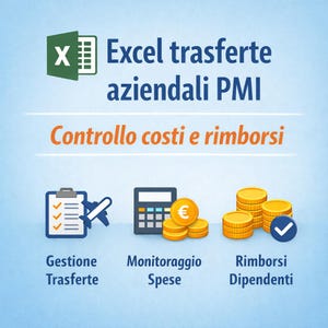 Può includere: Immagine con il logo di Microsoft Excel e testo in italiano. L'immagine include icone di un appunti con un aereo, una calcolatrice con monete euro e pile di monete con un segno di spunta. Il testo include "Controllo costi e rimborsi."
