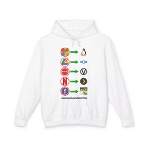 May include: White hoodie with a design of colourful icons and arrows, leading to other symbols, including a penguin and cloud. The text "etsy.com/shop/m/inspiration" is printed at the bottom of the garment.