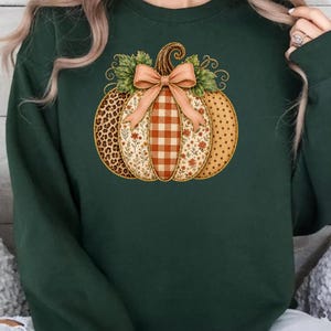 Faux Patchwork Floral Fall Pumpkin Sweatshirt, Patchwork Thanksgiving Sweater, Checkered Pumpkin Hoodie, Autumn Womens Gift