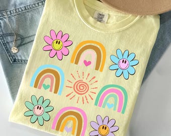 Comfort Colors® Retro Floral Rainbow Graphic Tee, Spring Summer Garden Shirt