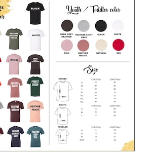 May include: A product image showcasing a variety of t-shirt colors, including black, white, and red, with a size chart and color options for youth and toddler sizes. The image also displays a size chart with chest and length measurements in inches.