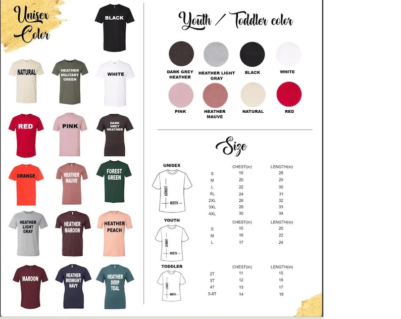 May include: A product image showcasing a variety of t-shirt colors, including black, white, and red, with a size chart and color options for youth and toddler sizes. The image also displays a size chart with chest and length measurements in inches.