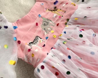 Girls Birthday Party Dress with Tulle Jungle Zoo Animals Giraffe Zebra Elephant