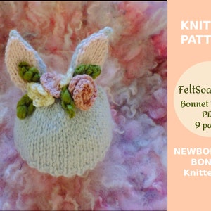 Floral Bunny Baby Hat Knitting PDF Pattern Newborn size Pattern by FeltSoapGood