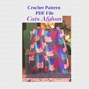 May include: Crochet pattern PDF file for a cat afghan. The afghan is gray with pink, red, blue, and purple cats. The afghan has a fringe border.