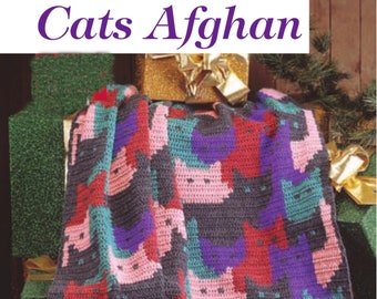 Vintage Cat Blanket Crochet Pattern | Retro 1980s Intarsia Afghan Colorwork PDF