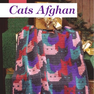 Cat Lover Gift - Bed Throw Blanket Afghan Vintage PDF Crochet Pattern - Instructions for making crocheted afghan using simple double crochet