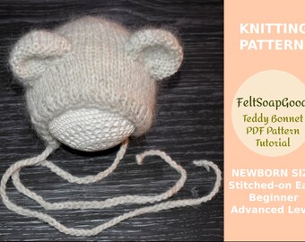 Knitting Pattern Teddy bonnet Newborn Hat Beginner level Newborn prop PDF pattern