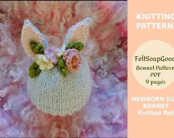 Floral Bunny Baby Hat Knitting PDF Pattern Newborn size Pattern by FeltSoapGood