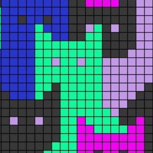 May include: Abstract geometric pattern with squares in shades of blue, green, purple, pink, and black.