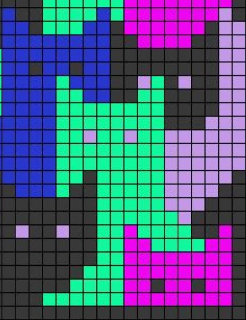 May include: Abstract geometric pattern with squares in shades of blue, green, purple, pink, and black.