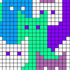 May include: A digital pixel art design featuring a blue, green, and purple color scheme. The design is made up of squares arranged in a grid pattern.