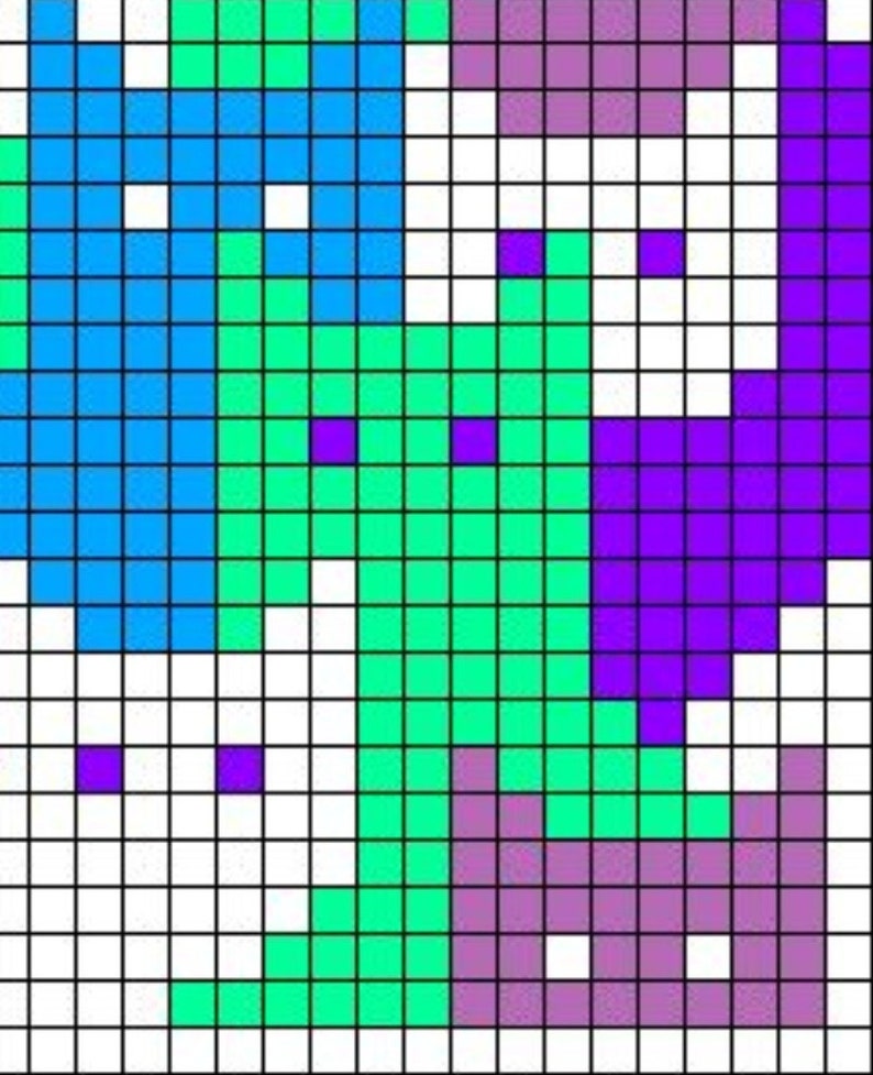May include: A digital pixel art design featuring a blue, green, and purple color scheme. The design is made up of squares arranged in a grid pattern.