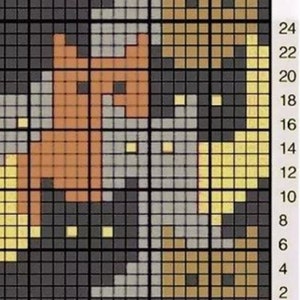 May include: A cross-stitch pattern chart with a design of a cat with orange, yellow, and gray squares on a black background.