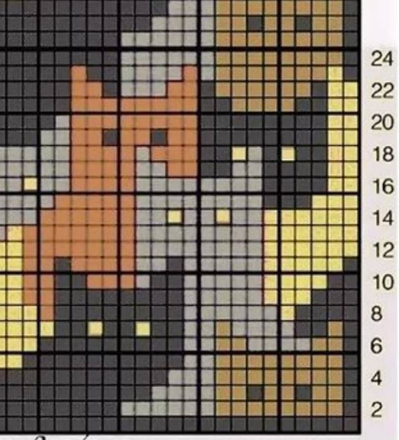 May include: A cross-stitch pattern chart with a design of a cat with orange, yellow, and gray squares on a black background.