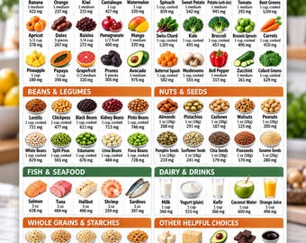 May include: A high potassium food chart with the text A4 | US LETTER | INSTANT DOWNLOAD at the top. The chart displays various fruits, vegetables, beans, legumes, nuts, seeds, fish, seafood, dairy, drinks, grains, and starches with potassium values.