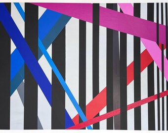 Pintura abstracta geométrica original / Azules, verdes, rojos y rosas vibrantes (96 x 122 cm)