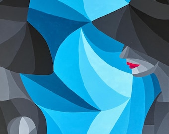 Pintura moderna original / Mujer de perfil abierto / Tonos de negro, verde azulado y rosa (76 x 101 cm)