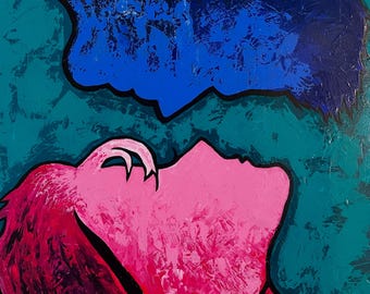 Pintura acrílica original / Hombre y mujer / Rosa intenso, azul y verde / Acabado moderno brillante (76 x 101 cm)