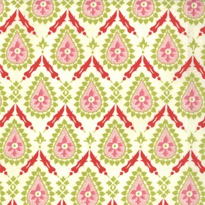 May include: A seamless pattern featuring a repeating design of teardrop-shaped motifs in shades of pink, green, and red. The pattern is set against a white background.