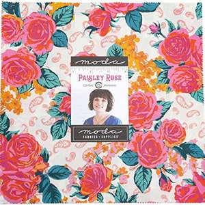 May include: A white fabric with a paisley rose pattern. The fabric features pink, orange, and teal roses with green leaves. The fabric is from the Moda Fabrics line and is called "Paisley Rose" by Crystal Manning.