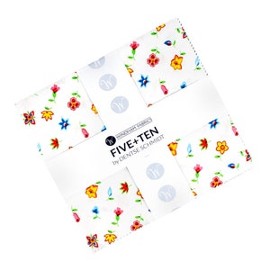 May include: Five + Ten fabric collection by Denise Schmidt for Windham Fabrics. The collection features a white background with colourful floral designs.
