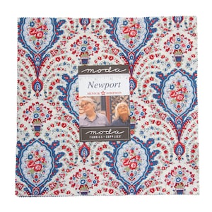 May include: Moda Fabrics Newport fabric collection by Minick & Simpson. The fabric features a white background with a blue and red paisley pattern with floral accents.