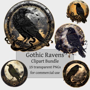 Könnte beinhalten: Ein digitales Clipart-Bundle mit gotischen Raben in verschiedenen kreisförmigen Designs. Die Raben sind schwarz mit komplizierten Federdetails, vor Hintergründen in Gold, Grau und Orange. Der Text "Gothic Ravens Clipart Bundle" ist enthalten.