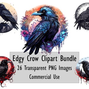 Könnte beinhalten: Ein digitales Kunstpaket mit sechs Illustrationen von Krähen in verschiedenen künstlerischen Stilen. Die Bilder zeigen Krähen, die auf Ästen sitzen und sich in kreisförmigen Rahmen mit floralen und himmlischen Elementen befinden. Der Text lautet "Edgy Crow Clipart Bundle".