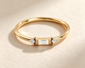14K Solid Gold Baguette Diamond Ring