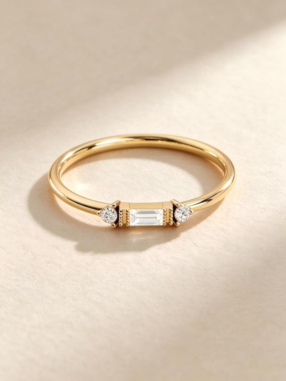 14K Solid Gold Baguette Diamond Ring
