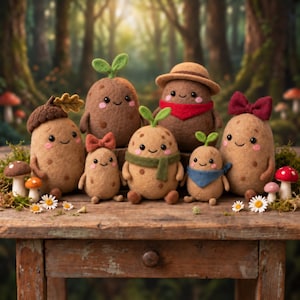 May include: A collection of seven needle-felted potato figures with smiling faces and rosy cheeks. The figures feature various accessories including a brown acorn cap, a tan hat, a red scarf, a maroon bow, a green scarf, and a blue bandana.