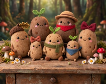 Handmade Needle Felt Potato Figurines, Soft Wool Texture, Storybook Personalities