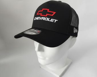 Black Chevrolet Trucker Hat, Red Bowtie Embroidery, New Era Style Snapback Cap