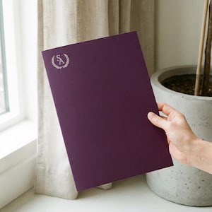 May include: A deep purple document with a silver emblem in the upper left corner. The emblem features the letters "S" and "A" within a laurel wreath. The document is held in front of a window and a potted plant.