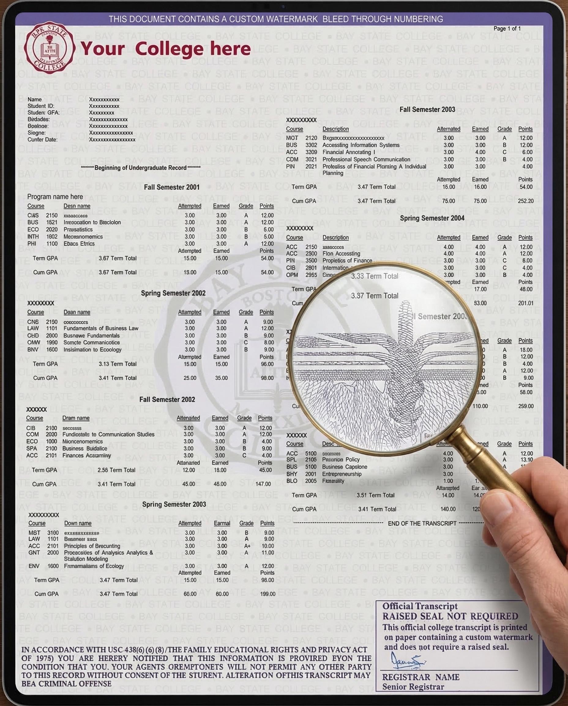 Editable University Transcript Template, College Academic Record ...