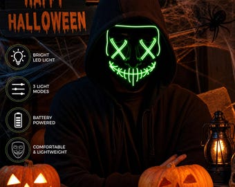 LED Light Up Mask, Neon Glow Purge Style Mask, Halloween Cyberpunk Cosplay Mask, Rave Party LED Face Mask, Light Up Costume Mask