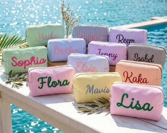 Personalisierte Make-up-Tasche, Kosmetiktasche mit individuellem Namen, Brautjungfer Geschenk, gestickte Reise-Kulturtasche
