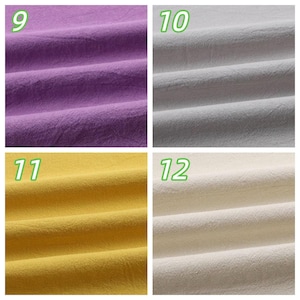 K&ouml;nnte beinhalten: Nahaufnahme von vier Stoffmustern in verschiedenen Farben. Die Muster sind mit 9, 10, 11 und 12 beschriftet. Die Farben sind Lila, Grau, Gelb und Creme. Der Stoff hat ein strukturiertes Aussehen mit sichtbaren Falten und Knitterfalten.