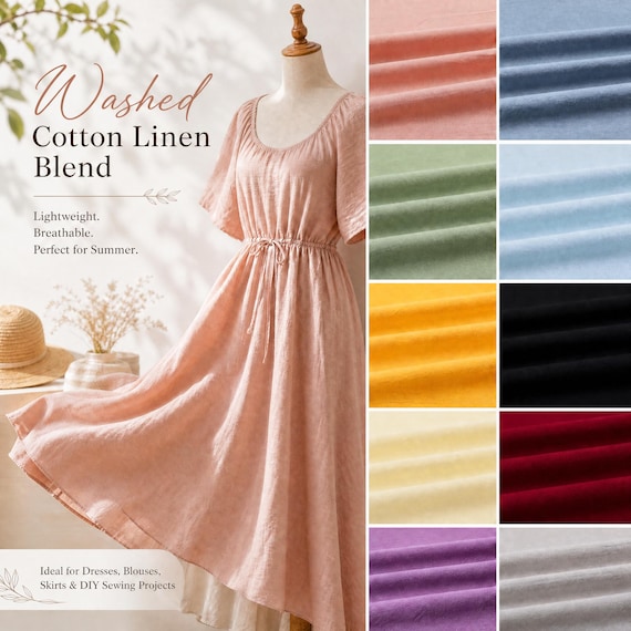 Washed Cotton Linen Fabric by Yard, Soft Breathable Linen Blend Fabric for Dresses, Blouses, DIY Sewing & Summer Clothing