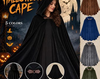 Halloween Hooded Cloak Cape, Medieval Velvet Cloak, Witch Costume Cape, Fantasy Cosplay Robe, Renaissance LARP Costume, 5 Colors